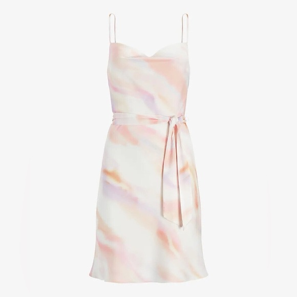 Express Tie Dye Satin Cowl Neck Belted Slip Dress 31748 - Picture 1 of 14
